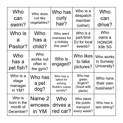 YM Human Bingo Card
