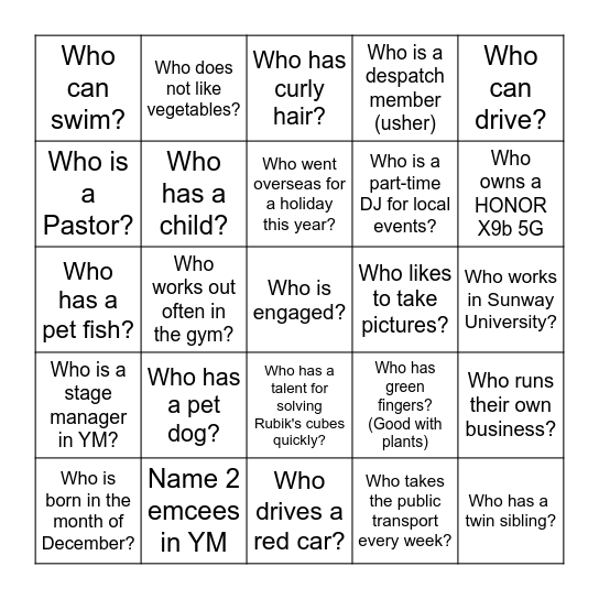 YM Human Bingo Card