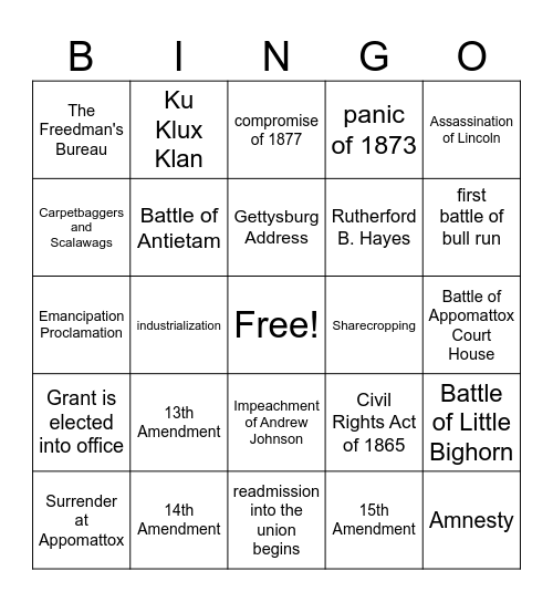 Reconstruction Era Bingo Card