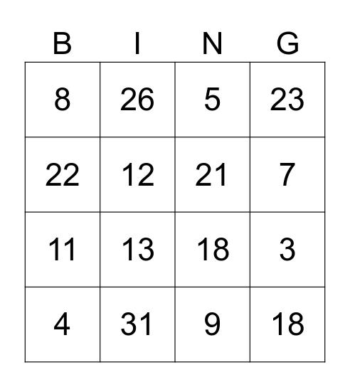 Number Bingo Card