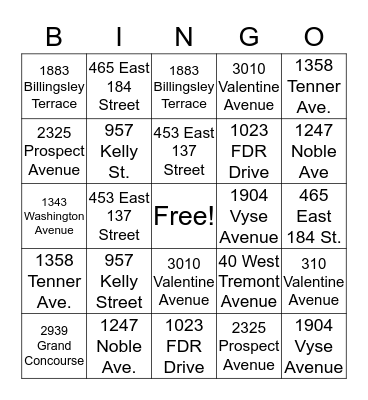 ADDRESS BINGO Card