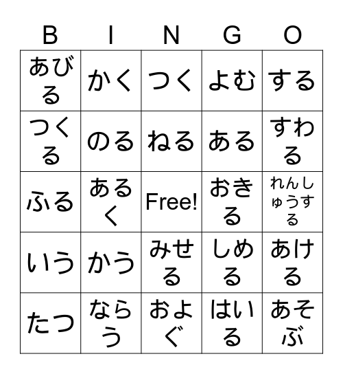 Japanese verbs Bingo Card
