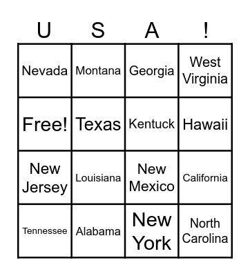 United States Song Bingo Card