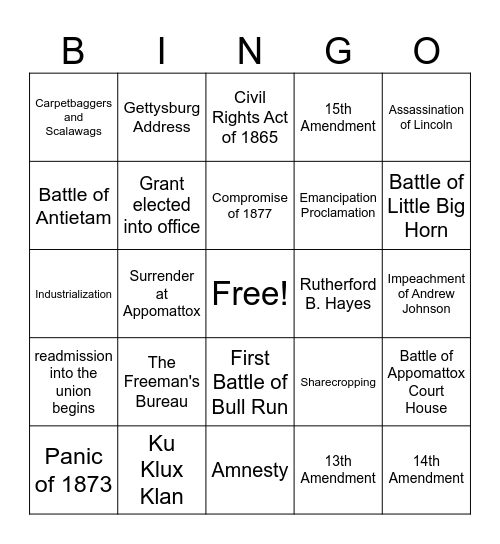 Reconstruction Era Bingo Card