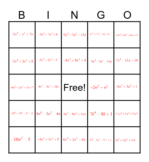 Like Terms Bingo Card