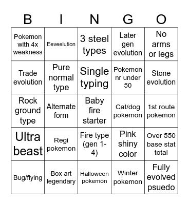 Pokemon bingo Card