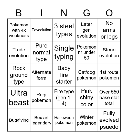 Pokemon bingo Card