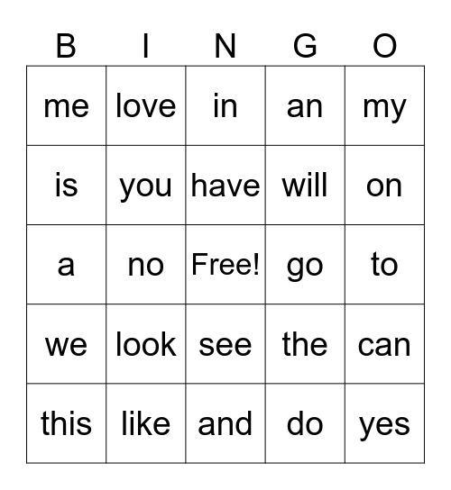 Snap Word Bingo Card