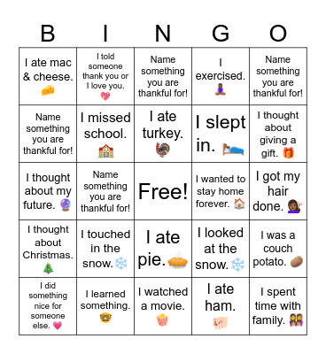 Fall Break Bingo Card