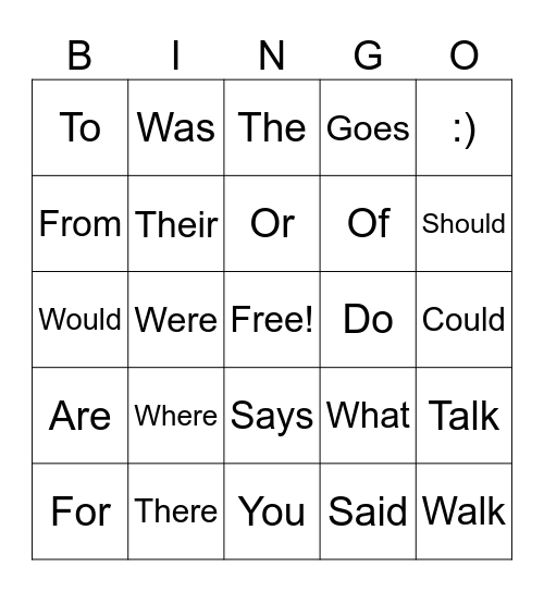 Heart Word Bingo Card