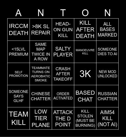 WAR THUNDER ARB BINGO Card