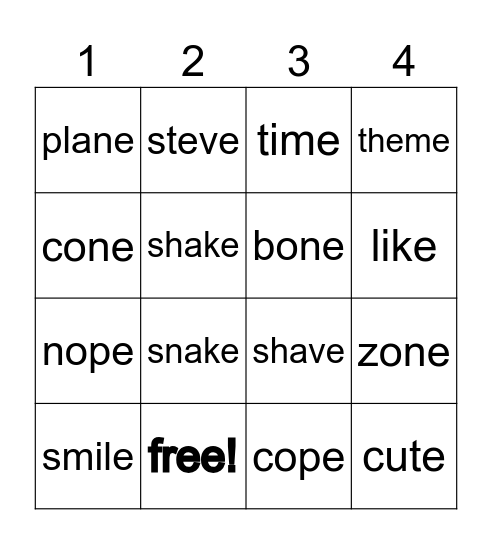 Vowel Consonant E Bingo Card