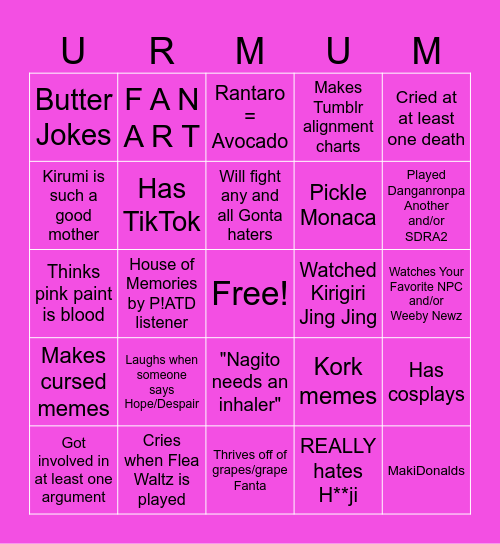 Average Danganronpa Fan Bingo Card