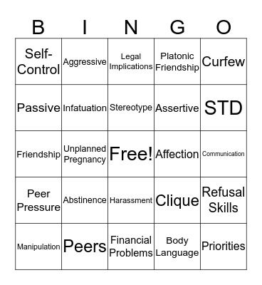 Sexual Health Unit Bingo Card
