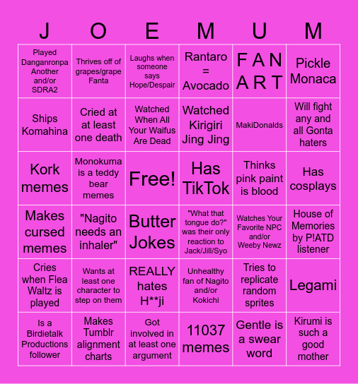 Average Danganronpa Fan Bingo Card