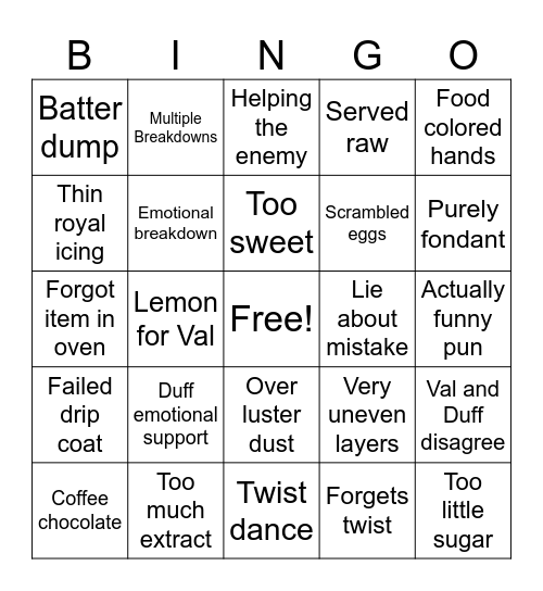 Kids Baking Championship Bingo Card