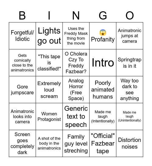 FNAF VHS Tape Bingo Card