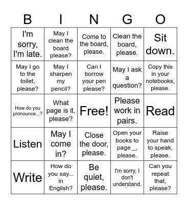 Classroom Language Bingo Card
