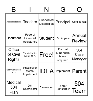 Section 504 Overview Bingo Card