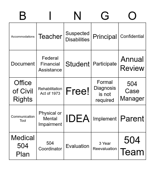 Section 504 Overview Bingo Card