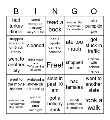 Thanksgiving Break Bingo Card