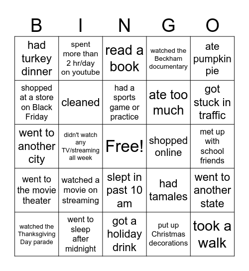 Thanksgiving Break Bingo Card