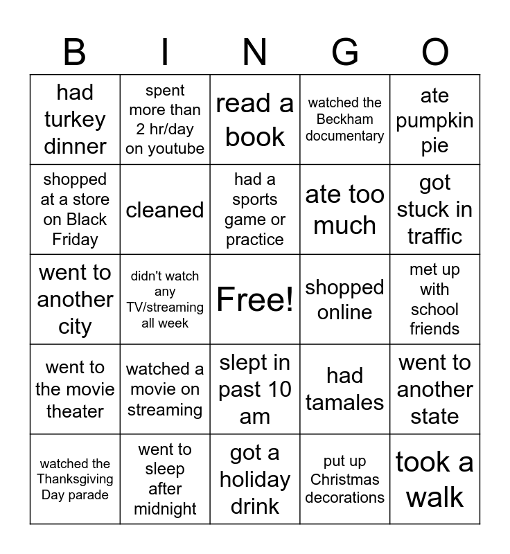 Thanksgiving Break Bingo Card