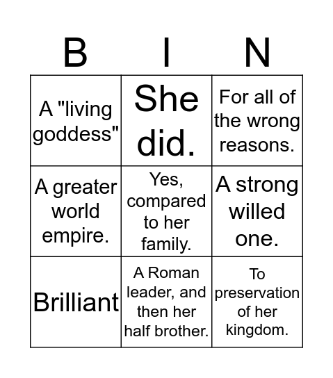 Cleopatra Bingo Card