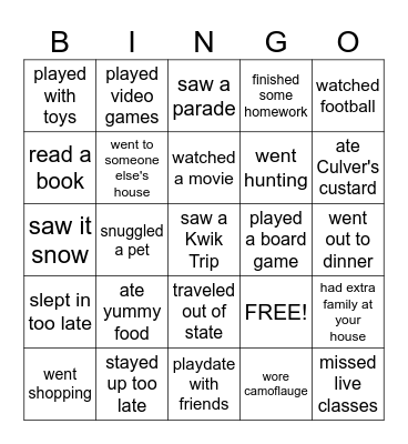 Fall Break Bingo Card