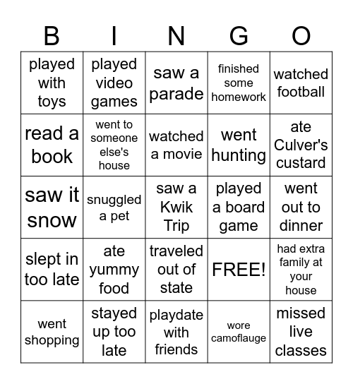 Fall Break Bingo Card