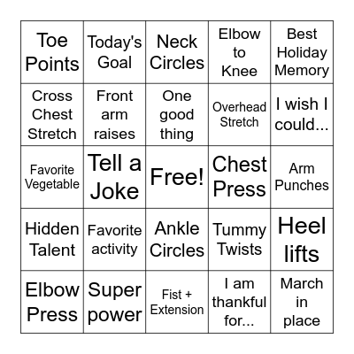 Mind + Body Bingo Card
