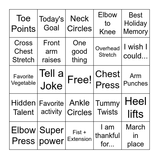 Mind + Body Bingo Card