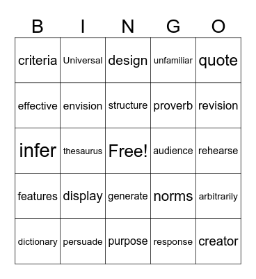 ELA Vocabulary Bingo Card