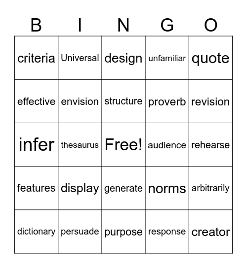 ELA Vocabulary Bingo Card