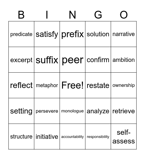 ELA Vocabulary Bingo Card