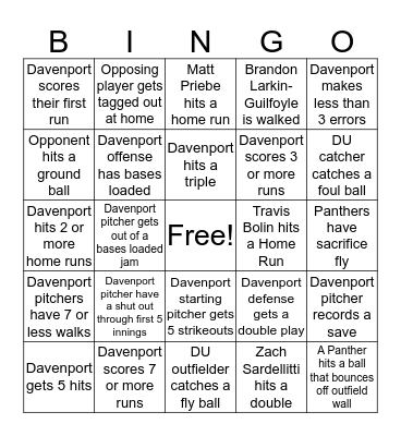 Davenport Baseball Bingo Card