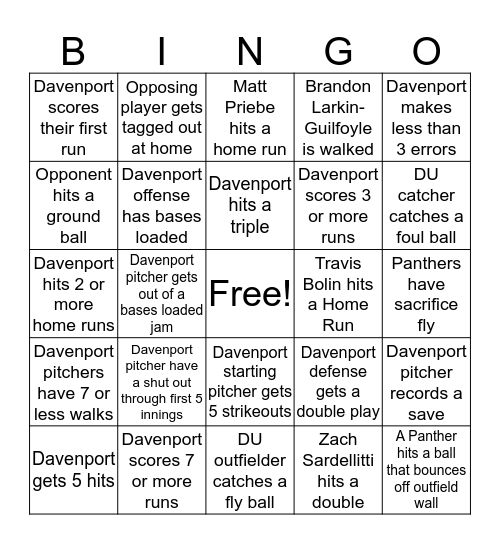 Davenport Baseball Bingo Card