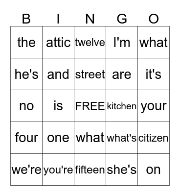 VOCABULARY Bingo Card