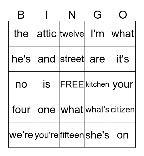 VOCABULARY Bingo Card