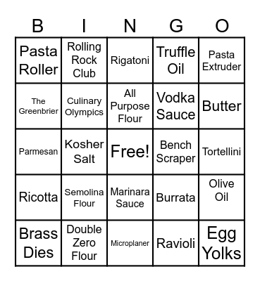 Chef Joe's Pasta Class BINGO! Bingo Card