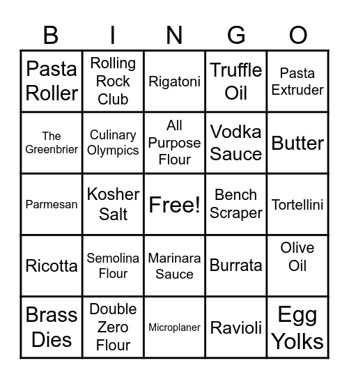 Chef Joe's Pasta Class BINGO! Bingo Card