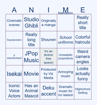 Anime Trailers Bingo Card