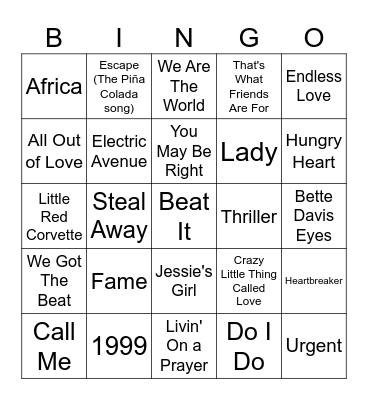 1980's Hit Songs Bingo Card