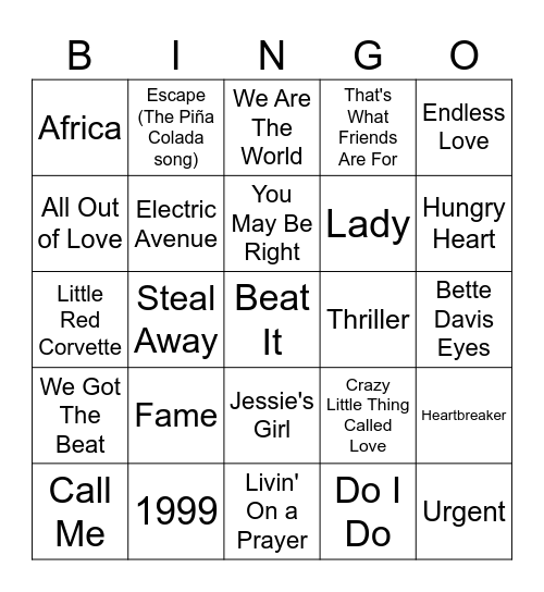 1980's Hit Songs Bingo Card