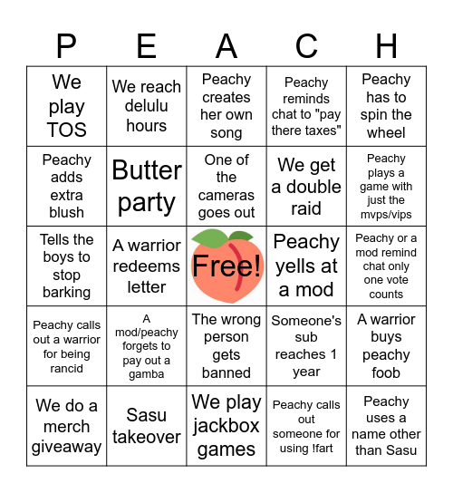 Subathon Bingo Card