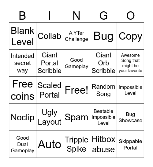 Recent Tab Bingo (Geometry Dash) Bingo Card