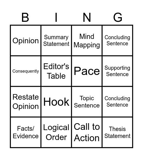 Persuasive Essay Bingo Card