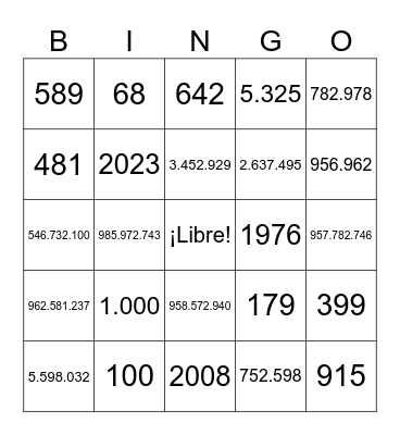 Números grandes Bingo Card