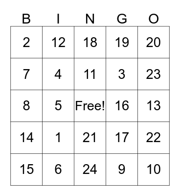 Number Bingo Card