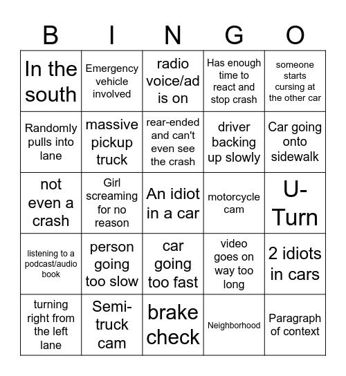 Idiots in Cars Bingo Card